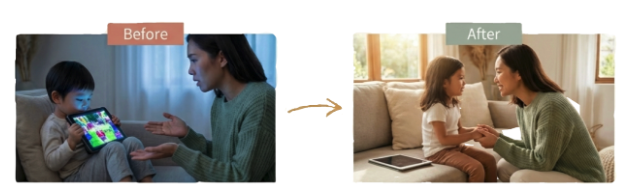 改善親子溝通的前後對比 - 小朋友由沈迷玩平板電腦、對家長說話左耳入右耳出，轉變為放下電子產品，與媽媽保持眼神接觸並專心聆聽。